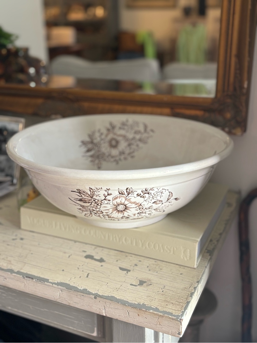 Antique Ironstone Bowl Cream Colored Mixing Bowl with Flowers